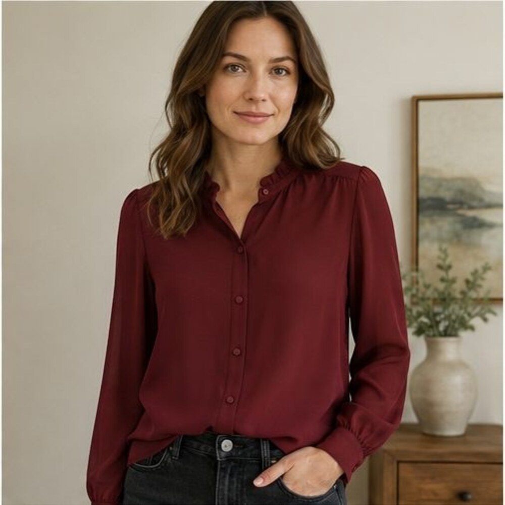 Wine Ruffle Collar Blouse - Picture 2 of 6